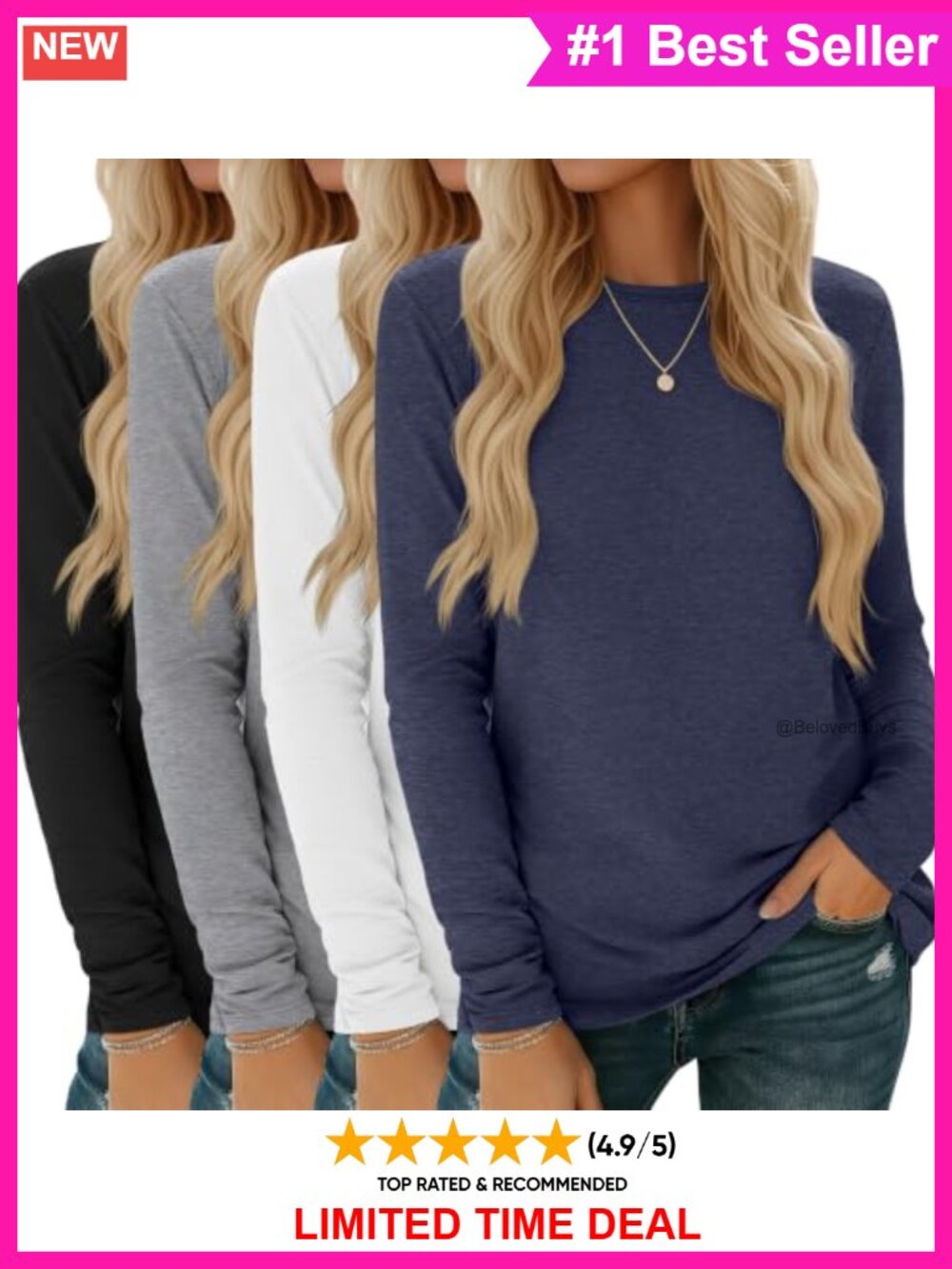 Long Sleeve Crewneck Basic Tops 4 Pack Women's Casual Layering Shirts